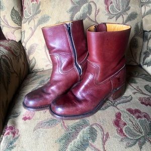 FRYE BOOTS CAMPUS 7.5 Red Brown Side Zip Mid Calf
